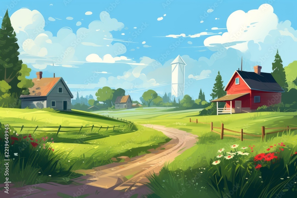 Fototapeta premium Picturesque rural village nestled among rolling green fields with charming houses, winding dirt path, wildflowers and a bright summer sky with soft white clouds evoking tranquil country life