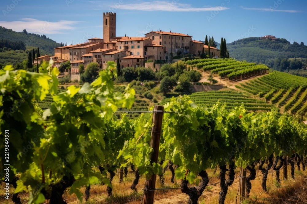 Fototapeta premium Italian village perched on a hill, overlooking terraced vineyards and green valleys, capturing the essence of rural tuscany with its historic buildings and agricultural landscape