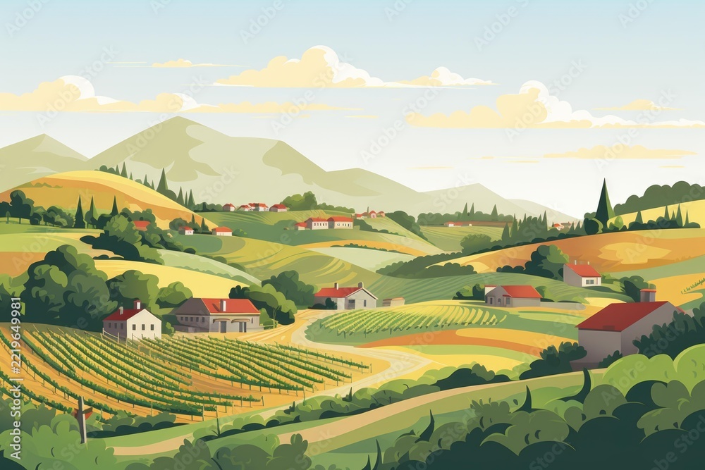 Fototapeta premium Rolling countryside landscape featuring vineyards, farms, and small villages nestled among green hills, with distant mountains under a cloudy sky, depicting rural life and agricultural prosperity
