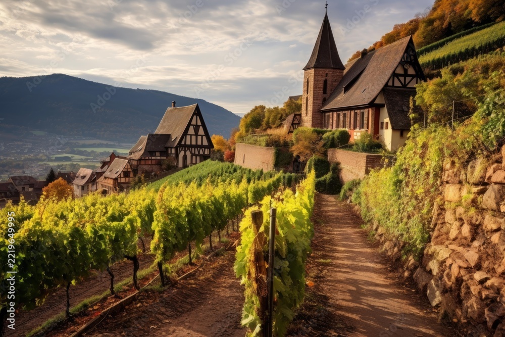 Fototapeta premium Traditional alsace timber framed houses and historic church on a hillside amid golden autumn vineyards, winding path through rows toward a picturesque valley under sunny skies
