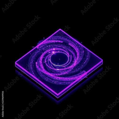 Futuristic purple glowing spiral icon on black background