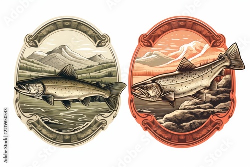 Two vintage emblems displaying realistic trout and salmon fish swimming in a mountain river landscape, featuring nature and outdoor fishing themes with a retro woodcut illustration style