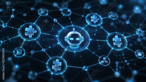 Futuristic artificial intelligence network featuring a central robot icon connected to glowing puzzle pieces and digital nodes, illustrating AI agents, intelligent automation and system integration.