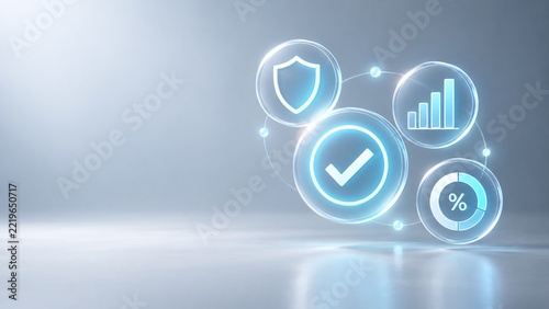 Minimal glowing digital icon cluster featuring a verification checkmark, security shield, performance chart and progress indicator on a soft gray background, representing trust and business
