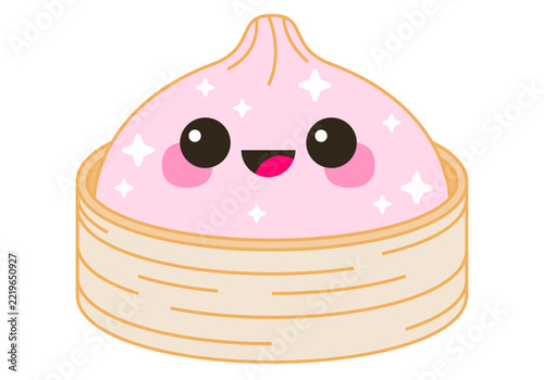 Cute glitter dumpling character. Squishy dumpling toy in steamer basket