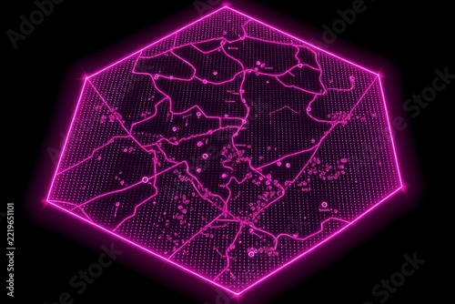 Neon pink futuristic glowing hexagonal map interface