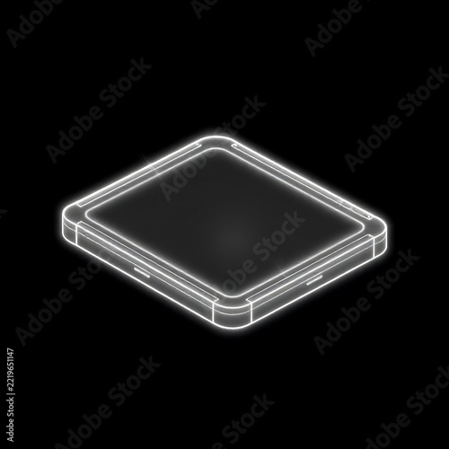 Futuristic isometric tablet with glowing white neon outline