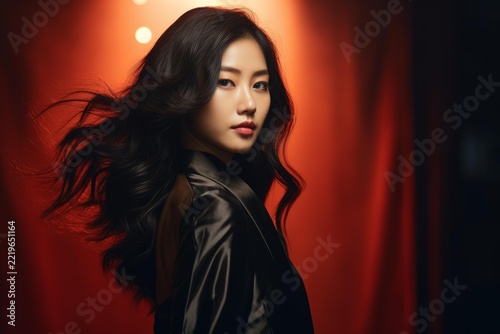 Asian woman with flowing dark hair wearing a sleek black satin jacket, embodying elegance and glamour against a vibrant red backdrop, representing beauty, confidence, and modern fashion