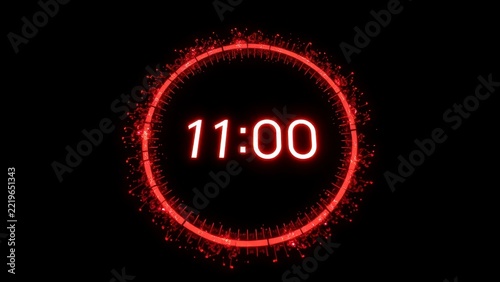 Neon red digital clock showing eleven o clock countdown