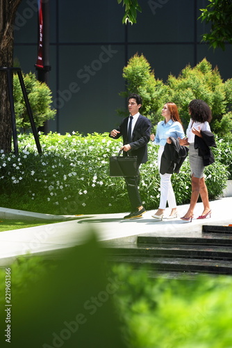 Diverse group of young professionals walking three abreast to the office in a green urban park beside the office, lush foliage filling the frame, global teamwork and partnership concept