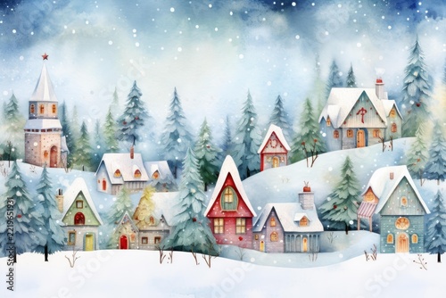 Watercolor illustration depicting a charming winter village with snow covered houses and a church. Surrounded by frosty pine trees under a falling snow. Evoking a peaceful christmas and holiday season