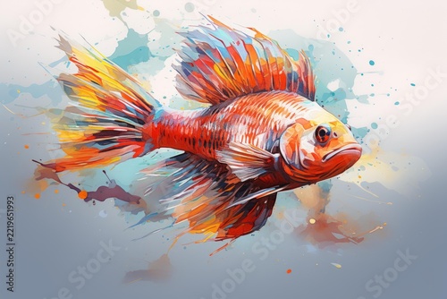 Abstract watercolor painting depicting a vibrant betta fish swimming, its detailed fins blending into artistic splashes and colorful brushstrokes, showcasing aquatic beauty and artistic expression
