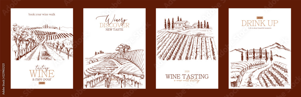 Naklejka premium Wine labels with hand drawn vinery landscapes