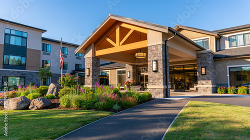 Modern senior living facility entrance with stone and wood accents, well-kept lawn and garden path welcoming visitors, clean architecture promoting comfort and safety for