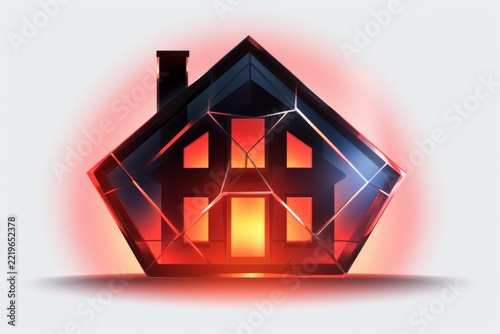 Abstract geometric glass house, glowing with warm red and orange light, symbolizing innovative home technology, energy efficiency, and contemporary residential solutions on a clean background