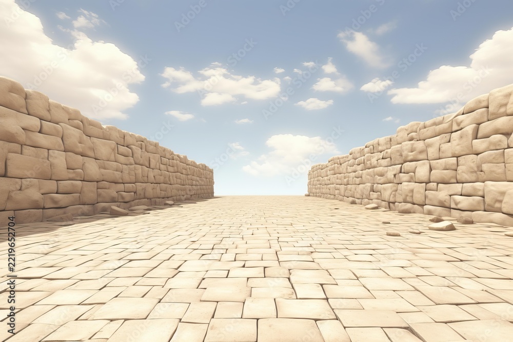 Naklejka premium Stone block path leading forward between high stone walls, creating a challenging passage and symbolizing concepts of choice, journey, and the future under a bright sky with clouds