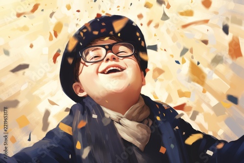 Happy boy celebrating success and achievement, smiling widely while confetti falls around him, representing joy, winning, and excitement during a party or special event