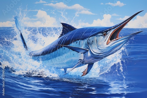 Blue marlin jumping dramatically out of the deep blue ocean, creating a powerful splash, representing speed, agility, strength, and the excitement of big game fishing