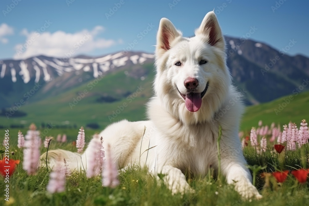 Fototapeta premium White swiss shepherd dog relaxing in a vibrant mountain meadow, enjoying a sunny day surrounded by blooming wildflowers and natural beauty, representing pet companionship and outdoor freedom
