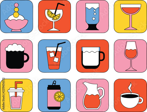 Colorful Drink and Beverage Vector Icon Set with Coffee, Juice, Cocktails and Iced Drinks