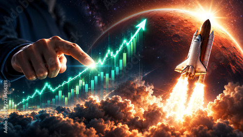 A rocket and rising market chart symbolize rapid financial growth and success.
