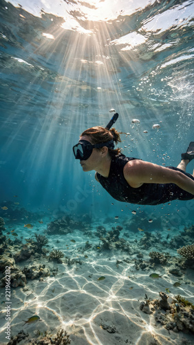 Scuba Diver Exploring the Underwater Ocean With Sunlight Beams