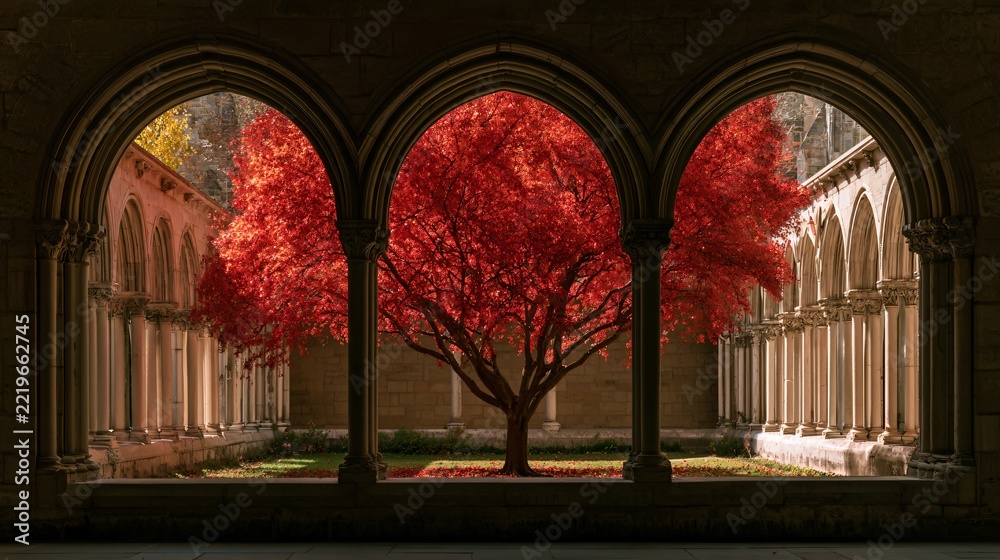 Obraz premium A long stone cloister surrounds an open courtyard filled with one brilliant red tree, using repeating dark arches to frame the intense seasonal color from multiple directions