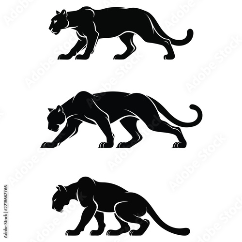Black Panther Silhouette Vector Set Featuring Prowling and Stalking Wild Cats, Ideal for Sports Logos, Mascot Designs, Tattoo Art, and Predator Graphics Isolated