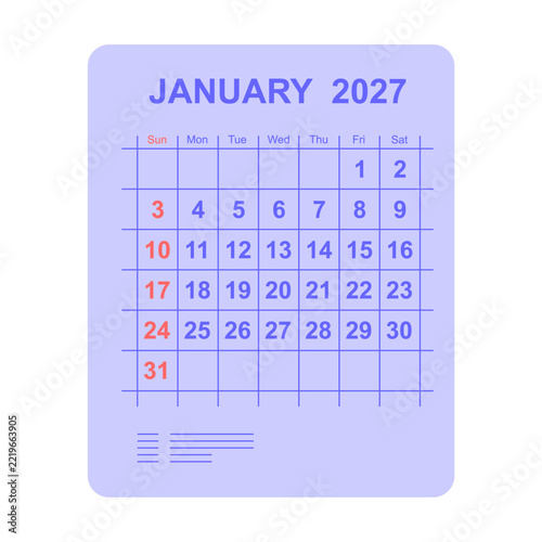 vector illustration of a January 2027 calendar page