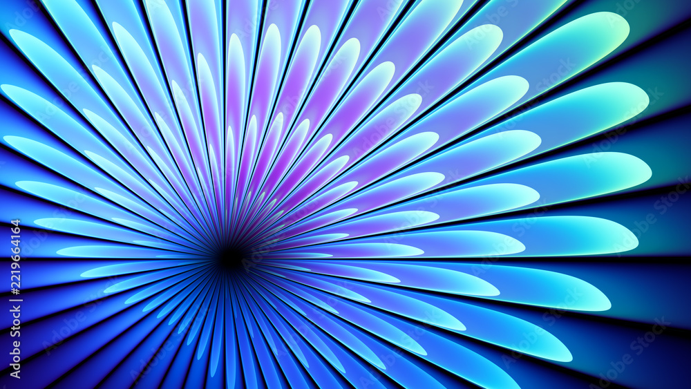 Fototapeta premium Futuristic blue purple abstract gradient with radiant geometric rays converging toward dark center. Curved radial flowing beams with luminous gradients and sharp dark divisions create depth and motion