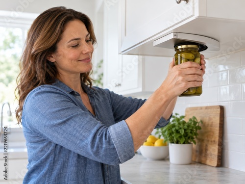 Woman Using Under Cabinet Jar Opener to Open Pickle Jar in Modern Kitchen