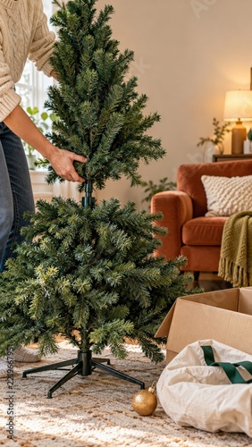 Adult Assembling Artificial Christmas Tree Beside Open Storage Box