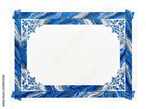 Intricate blue and white decorative frame with empty center space for text or logo placement.