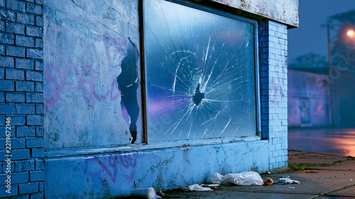 Broken storefront window with shattered glass and graffiti on weathered blue brick wall beside an empty sidewalk in an urban area at night with street lighting
