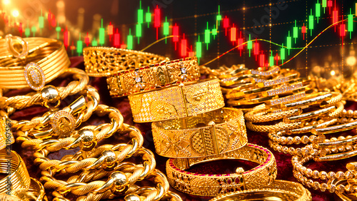 Gold jewelry shines in front of market charts, reflecting wealth and price volatility.