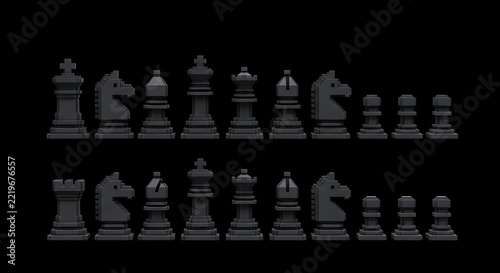 Pixelated dark gray chess pieces set on a black background