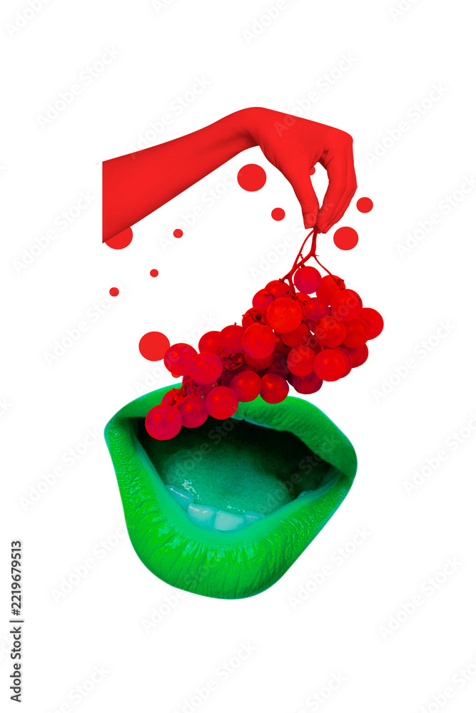 Fototapeta premium Sketch image 3d pop banner collage of hand feed open mouth sweet grocery wine grape berry summer organic harvest nutrition