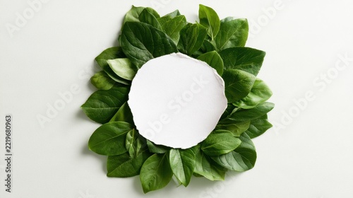 Flat Lay Creative Layout of Fresh Green Jungle Leaves Around Torn Round White Paper Note