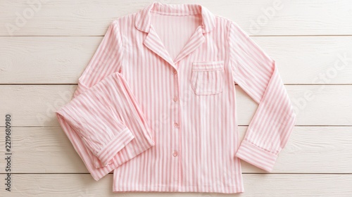 Top View Flat Lay of Folded Pink Pajamas Set on White Wooden Surface with Copy Space