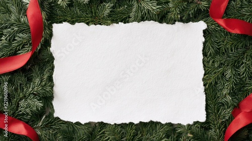 Flat Lay Creative Layout of Green Christmas Tree Branches with Red Ribbon and White Torn Paper