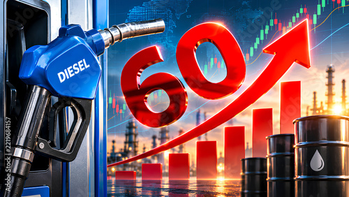 Diesel fuel and rising charts show increasing energy prices and market pressure.
