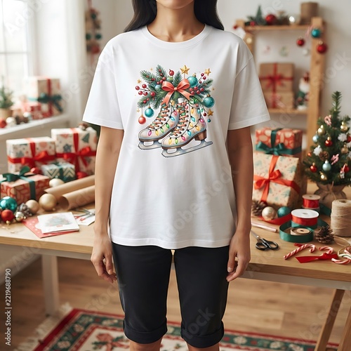 Woman in a white t-shirt with a winter ice skate and holiday ornament graphic print ice skates christmas shirt holiday apparel winter fashion seasonal attire casual wear christmas ornaments