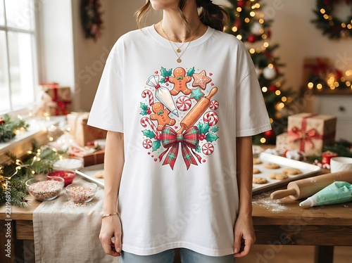 Woman wearing white t-shirt with a gingerbread cookie and candy cane holiday graphic in a kitchen christmas shirt gingerbread man holiday apparel christmas print casual wear seasonal clothing