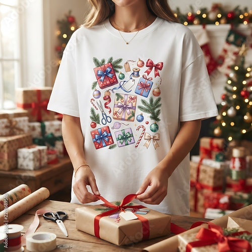 Woman wearing white t-shirt with christmas gift box pattern in festive studio holiday apparel gift boxes graphic tee t shirt design wrapped presents christmas outfit seasonal fashion gift art