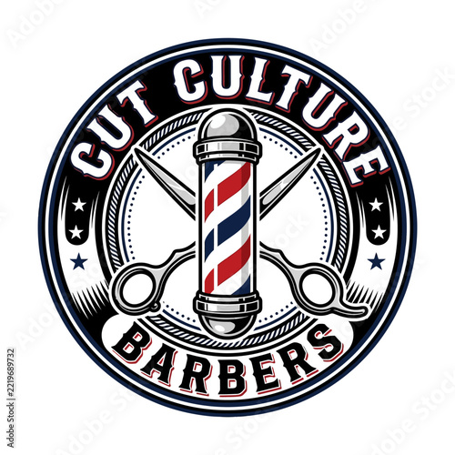 Barber pole with red, white, and blue stripes is centered between two open silver barber shears within a circular emblem featuring the text 