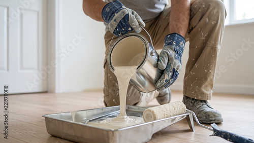 Painter Pouring White Paint From Metal Can Into Roller Tray During Home Renovation and Interior Painting