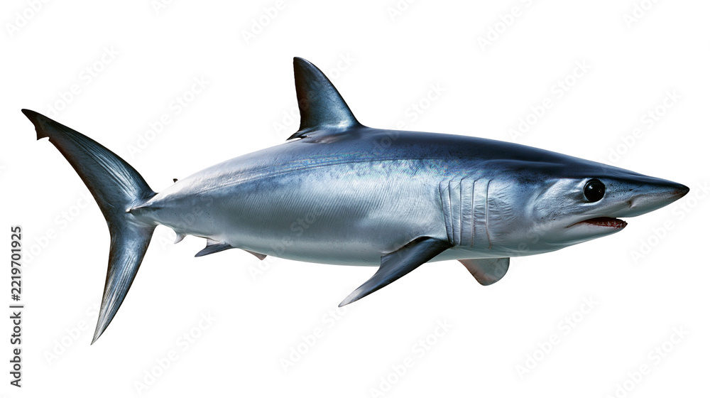 Obraz premium Shortfin mako shark swimming with sleek blue skin and sharp dorsal fin
