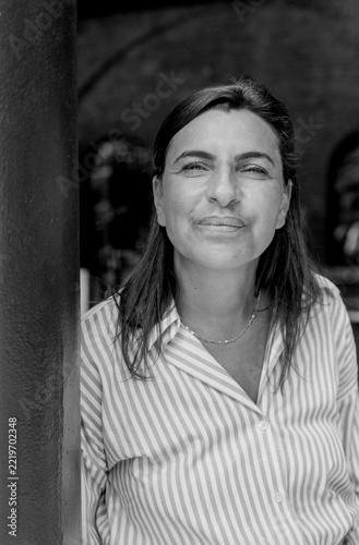 Photography Woman smiling in striped shirt vintage monochrome portrait