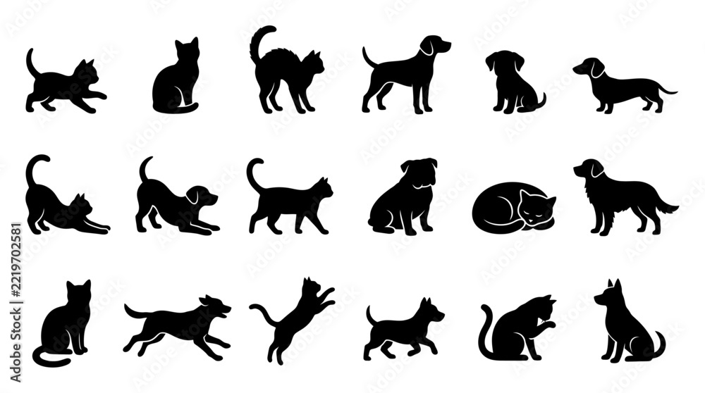 Fototapeta premium A collection of playful and active cat and dog silhouette illustrations showcasing their unique poses and movements, perfect for graphic design and animal-themed projects