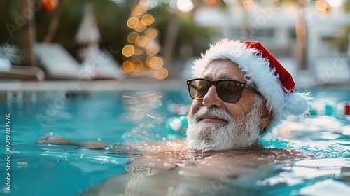 Elderly Man Swimming in Pool Wearing Santa Hat